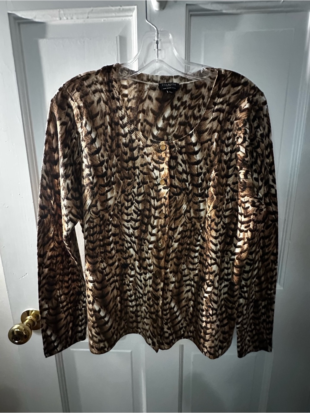 Talbots Brown Feather-Print Button-Front Long Sleeve cardigan